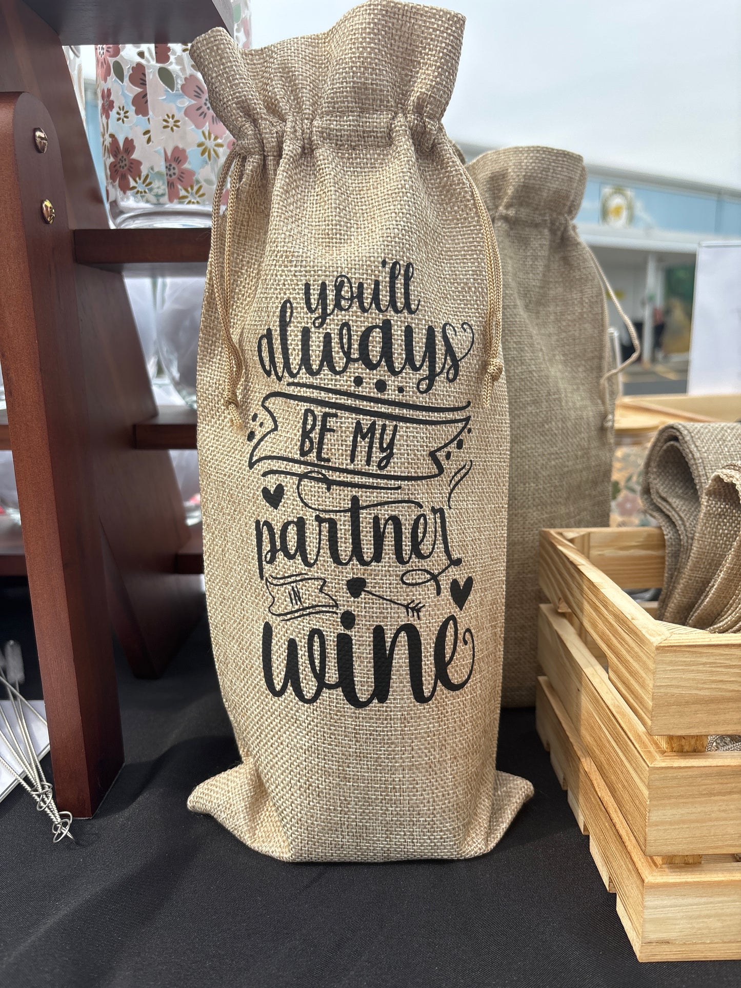 Burlap Wine Bag - "You’ll Always Be My Partner In Wine" - Rustic Gift for Wine Lovers