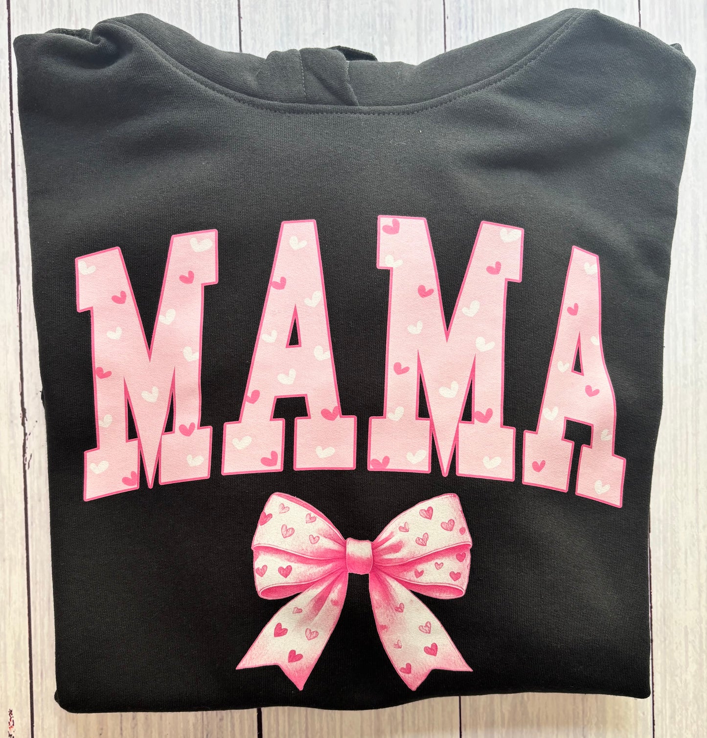 “Mama” Hoodie with Heart & Bow Design – Cozy 50/50 Cotton Poly Sweatshirt for Moms