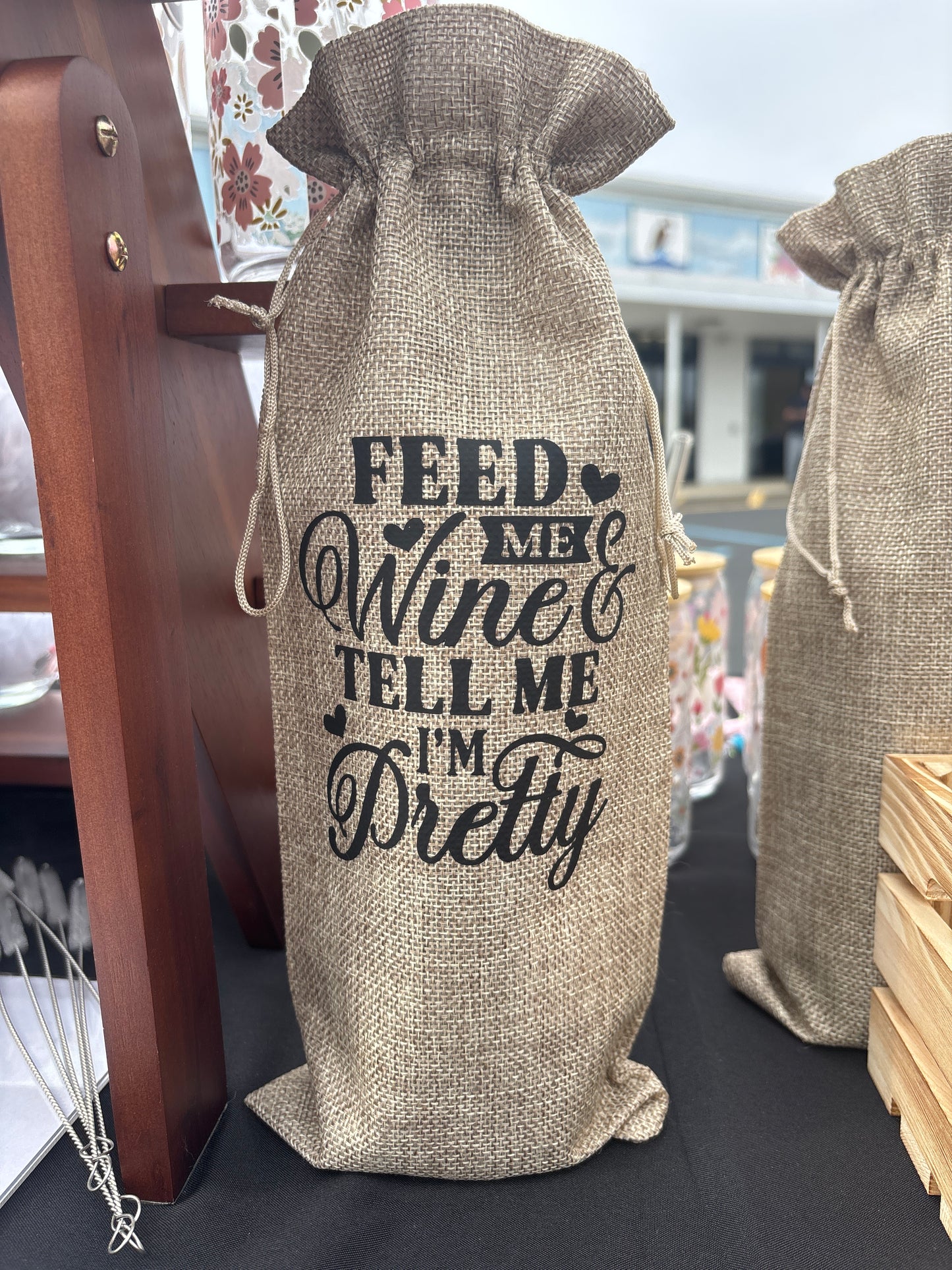 Burlap Wine Bag - "Feed Me Wine and Tell Me Im Pretty" - Rustic Gift for Wine Lovers