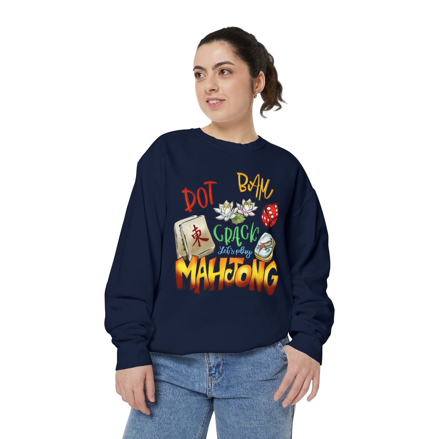 Mahjong Tiles Crewneck Sweatshirt — "Dot Bam Crack" Design with Tiles & Red Die