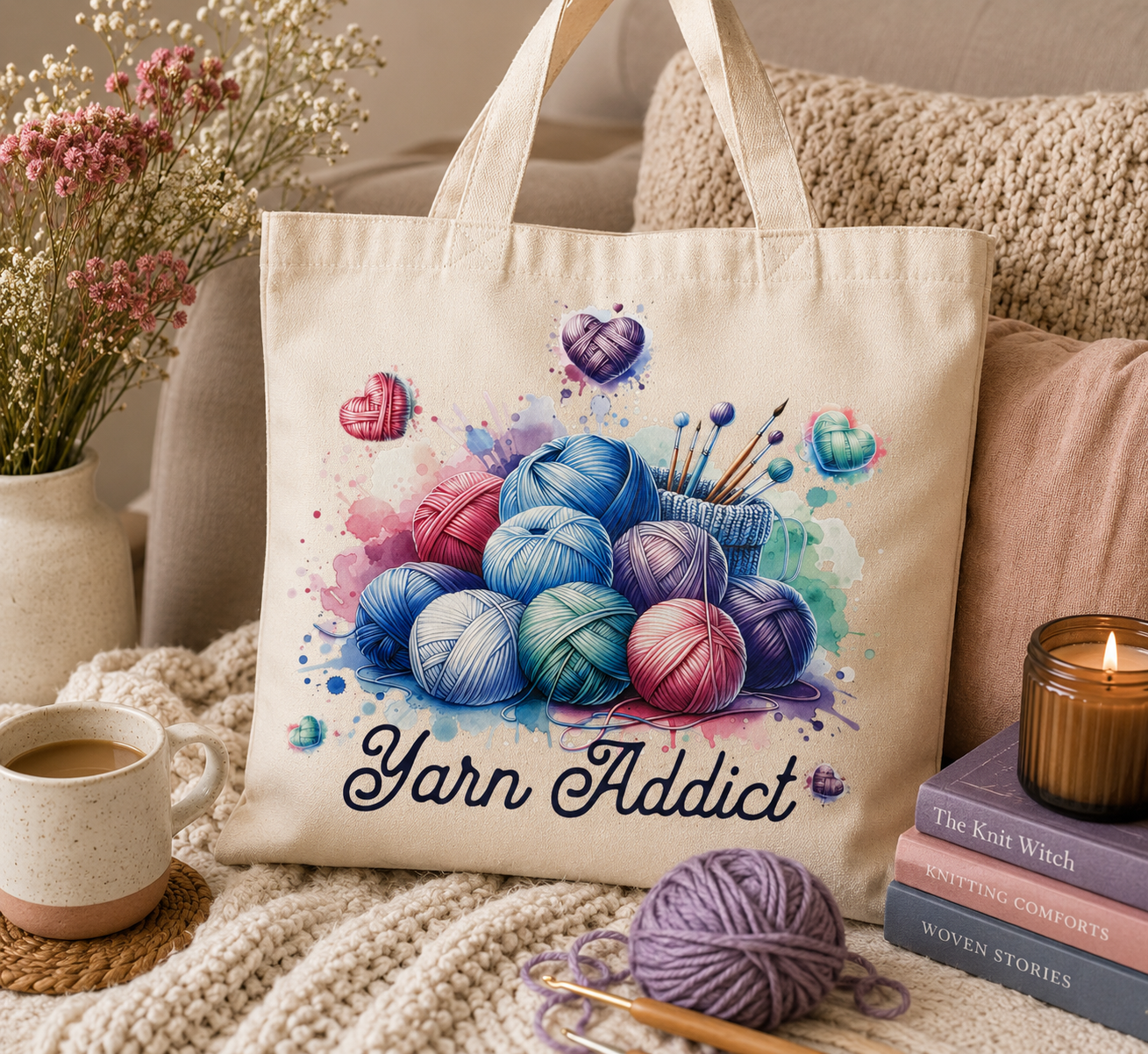 Yarn Addict Canvas Tote Bag | Knitting Crochet Project Bag