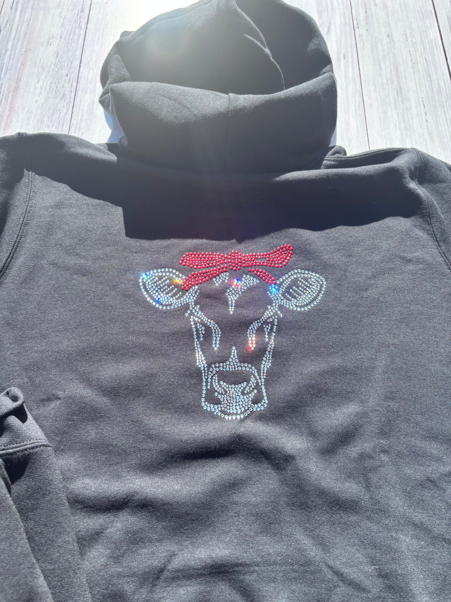 Black Rhinestone Cow Hoodie – Sparkly Farmhouse Chic