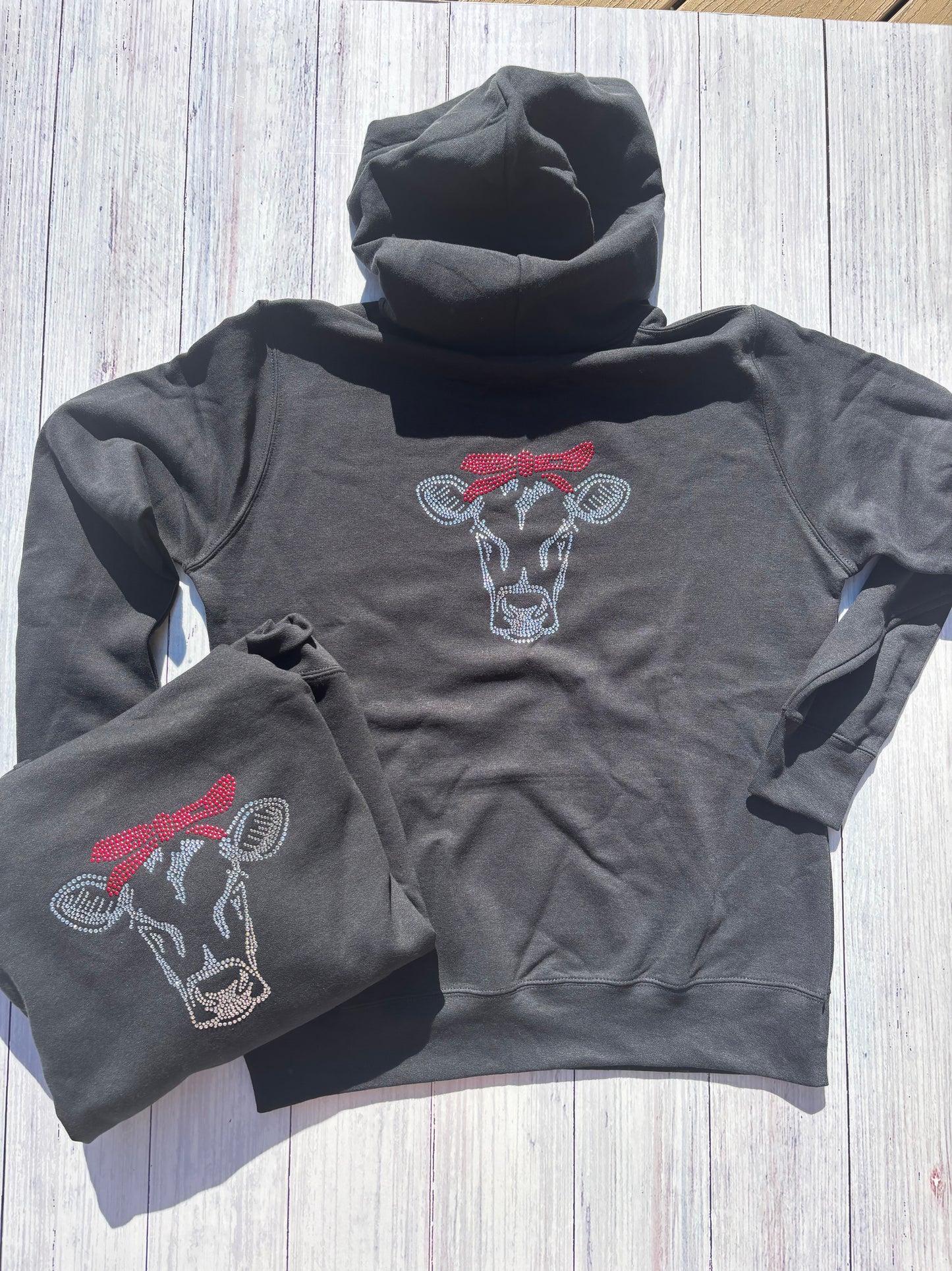 Black Rhinestone Cow Hoodie – Sparkly Farmhouse Chic