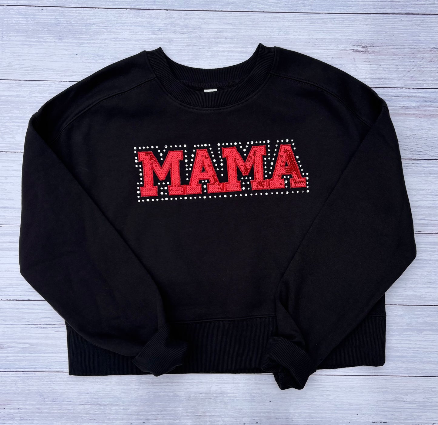 MAMA Black Cropped Crewneck Sweatshirt – Rhinestone & Varsity Lettering