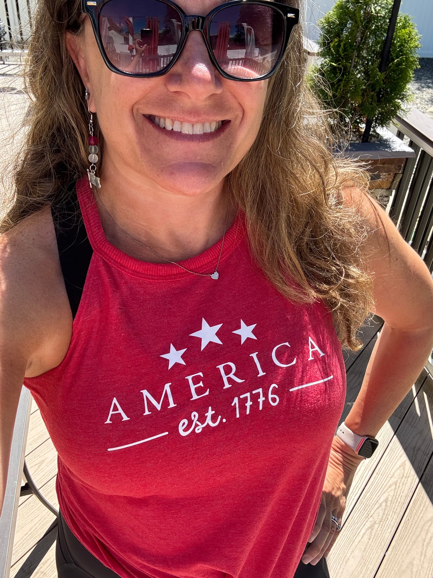 America est. 1776 Patriotic Tank Top – Red Halter Neck – Memorial Day, 4th of July Shirt, USA Graphic Rocker Style