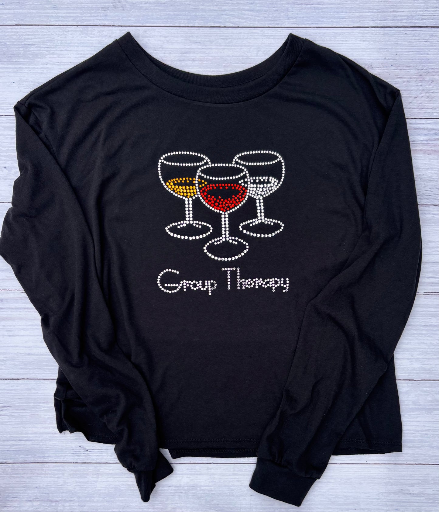 Group Therapy Rhinestone Long Sleeve Tee – Sparkly Wine Lover Shirt