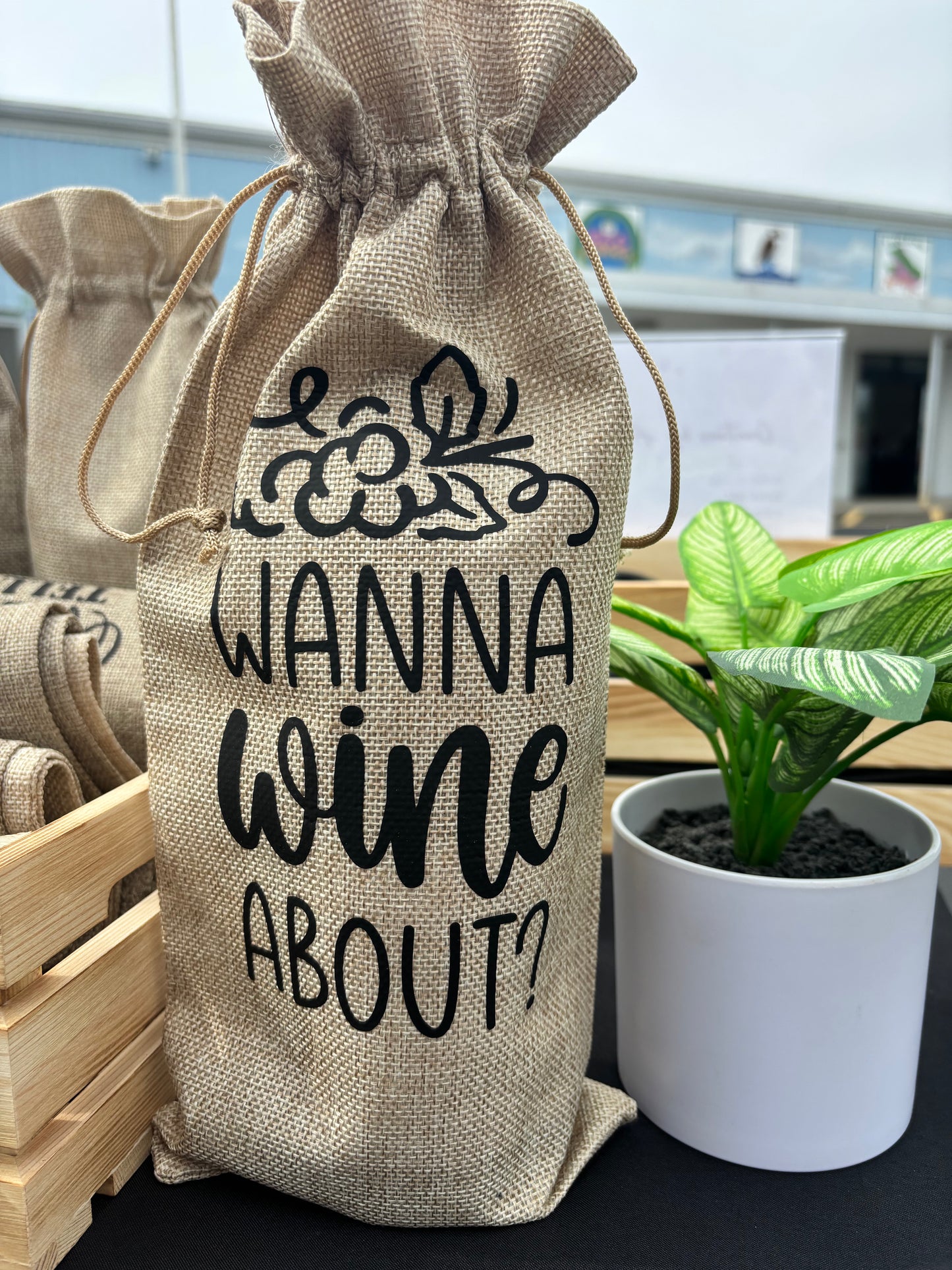 Burlap Wine Bag - "Wanna Wine About It?" - Rustic Gift for Wine Lovers