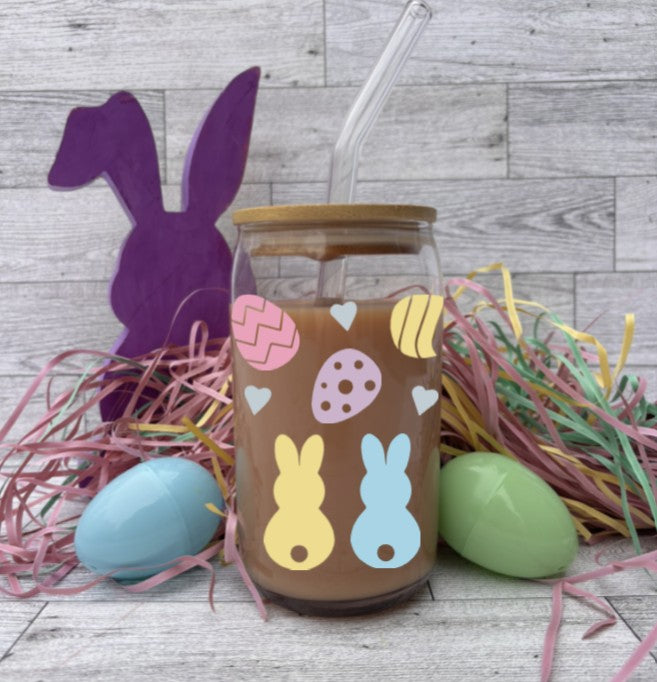 Custom Easter Glass Cup – Choose Your Design with Eggs, Hearts, and Pastel Colors