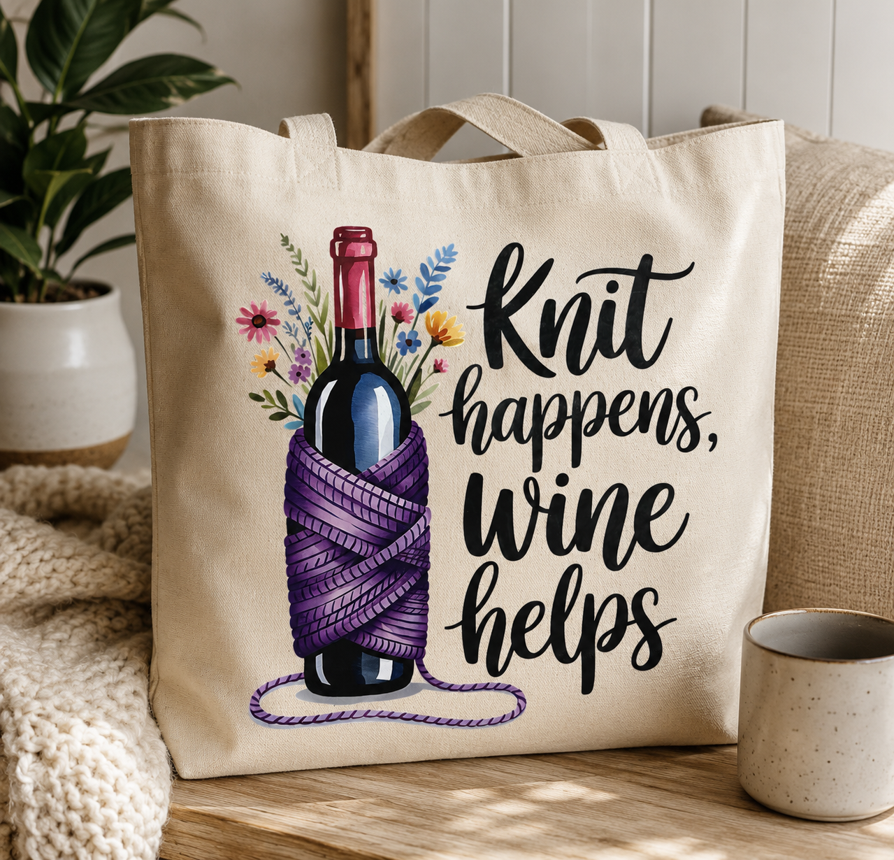Knit Happens Wine Helps Canvas Tote | Knitting Project Bag