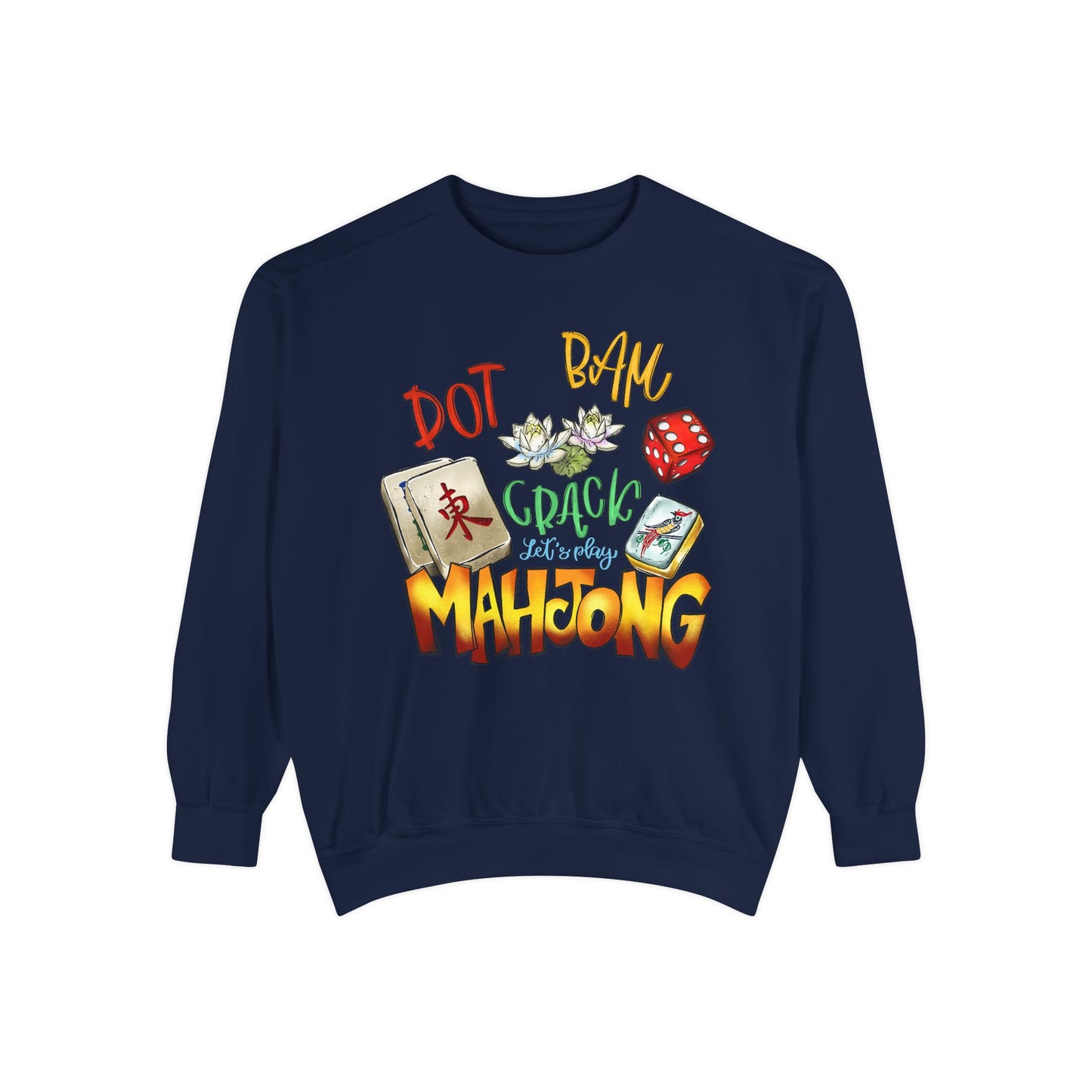 Mahjong Tiles Crewneck Sweatshirt — "Dot Bam Crack" Design with Tiles & Red Die