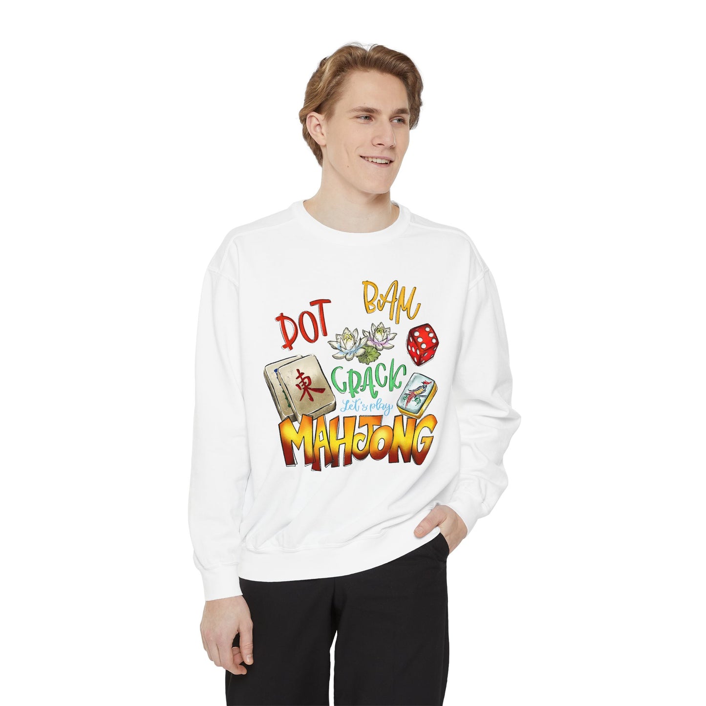 Mahjong Tiles Crewneck Sweatshirt — "Dot Bam Crack" Design with Tiles & Red Die