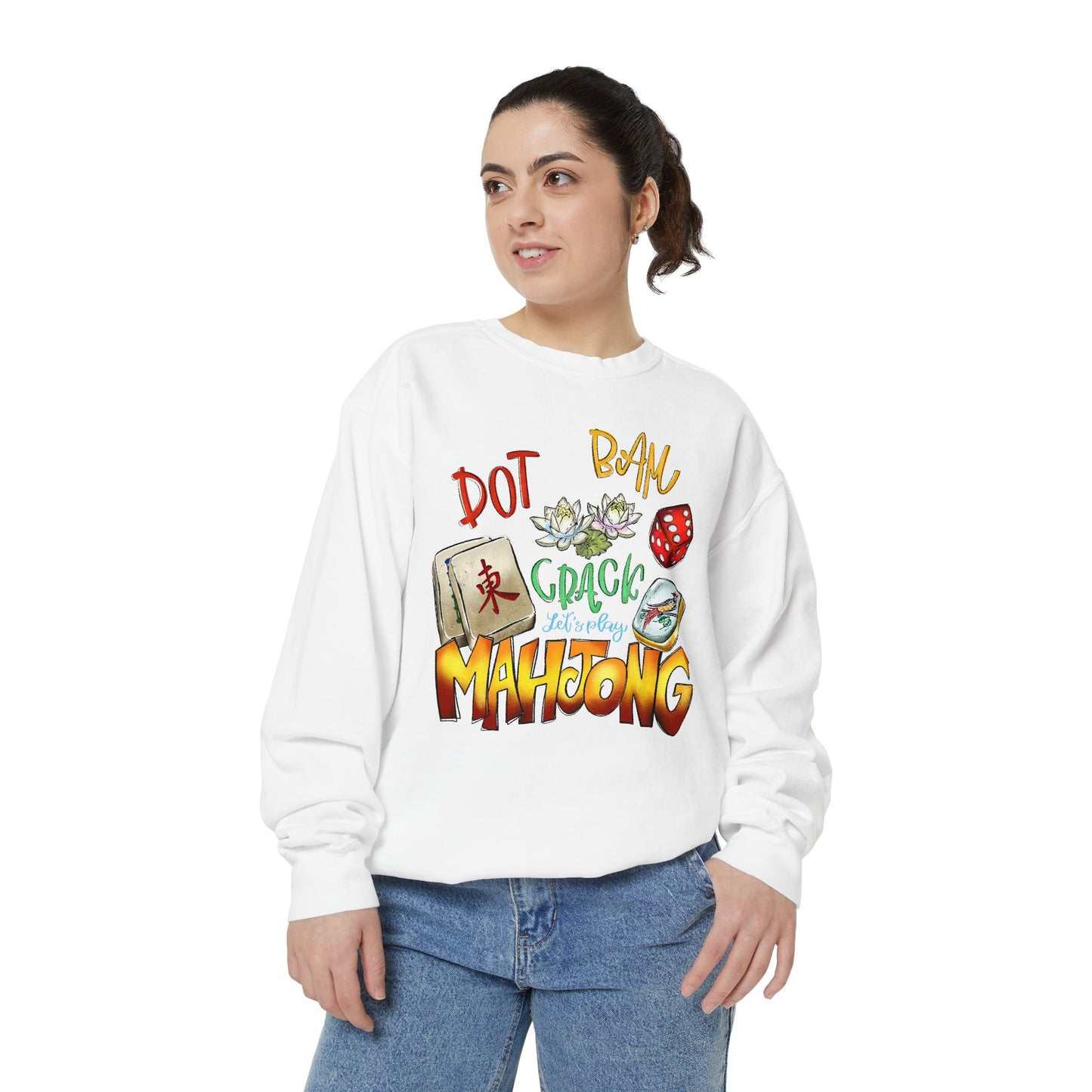 Mahjong Tiles Crewneck Sweatshirt — "Dot Bam Crack" Design with Tiles & Red Die