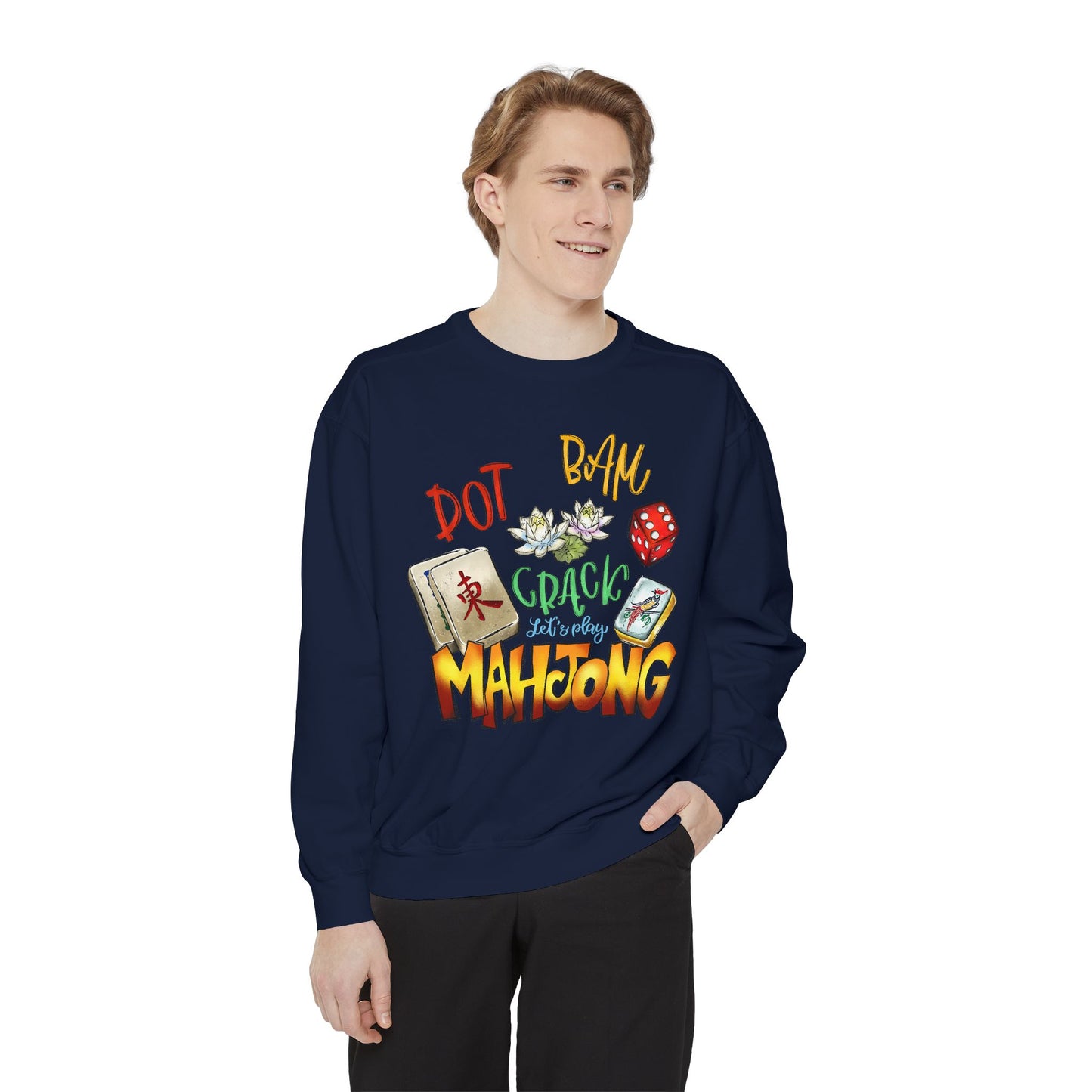 Mahjong Tiles Crewneck Sweatshirt — "Dot Bam Crack" Design with Tiles & Red Die