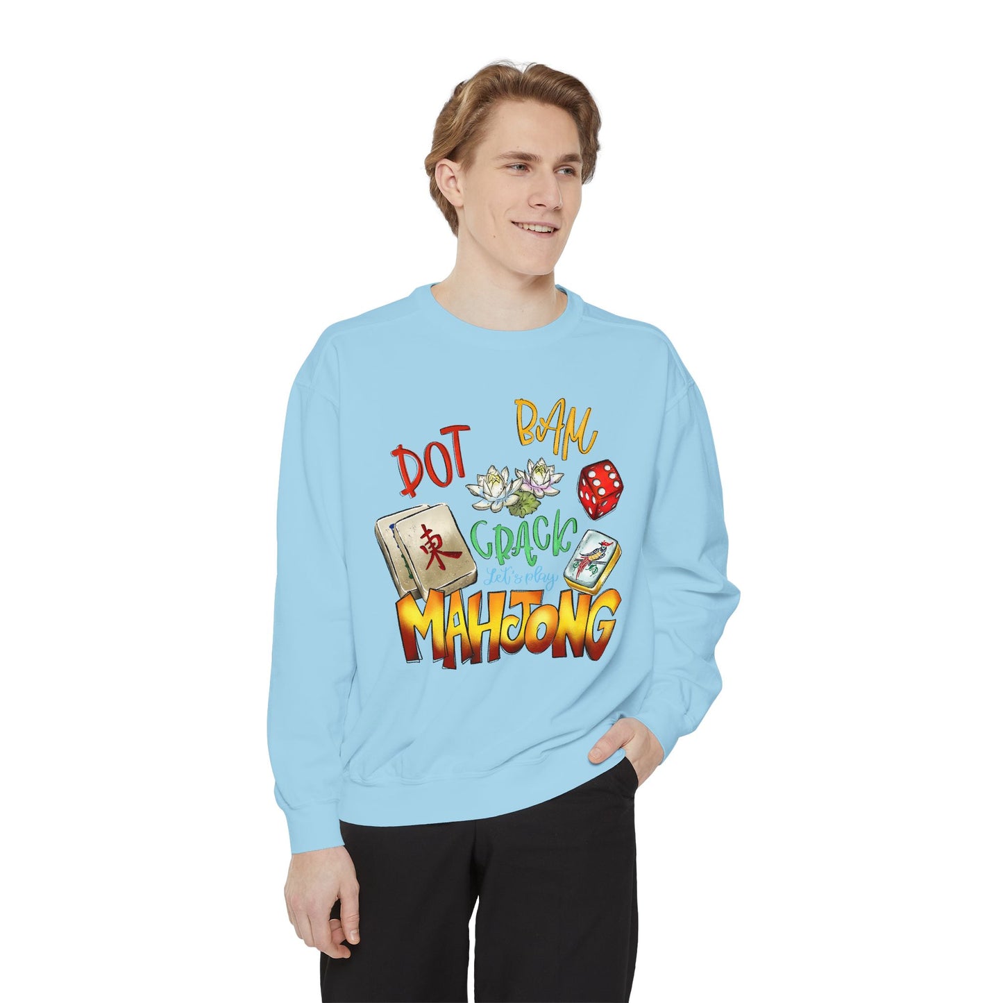 Mahjong Tiles Crewneck Sweatshirt — "Dot Bam Crack" Design with Tiles & Red Die