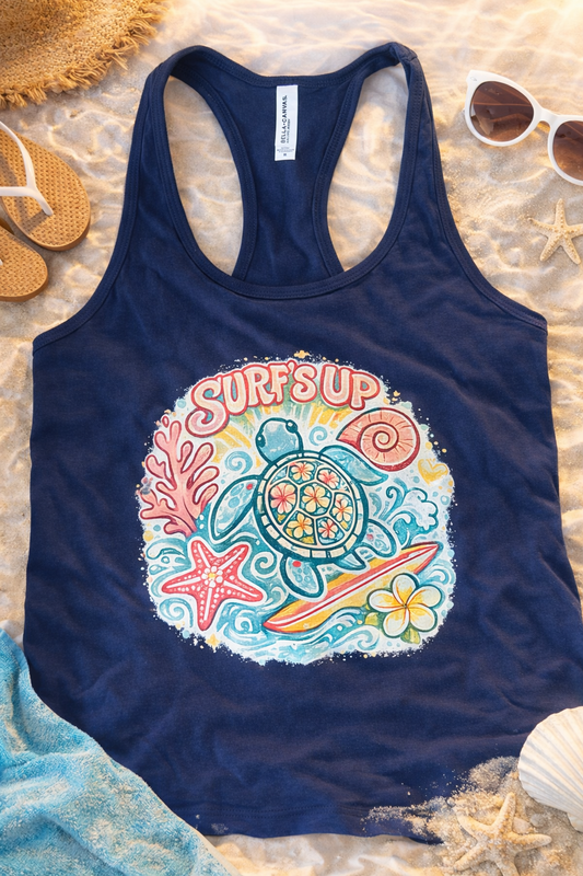 Surf’s Up Turtle Racerback Tank – Women’s Summer Graphic Tank