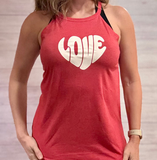 Red High-Neck Workout Tank Top with LOVE Design – Valentine’s Day Fitness Shirt