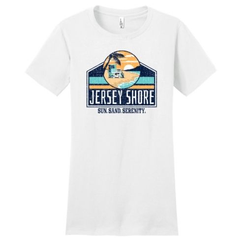 Jersey Shore Retro Beach T-Shirt – Sun, Sand, Serenity Vibes Fitted Tee Shirt