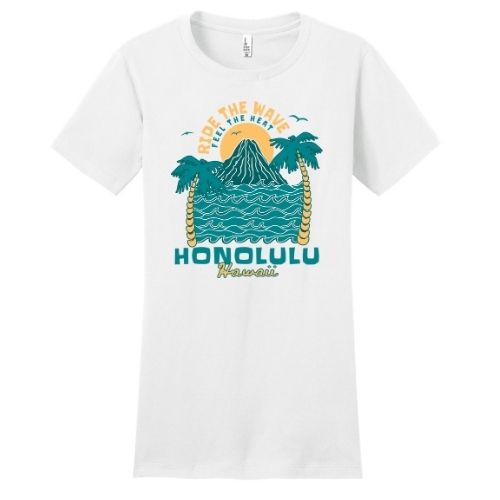 Ride the Wave Feel the Heat Honolulu Hawaii T-Shirt – Retro Island Vibes Fitted Tee Shirt