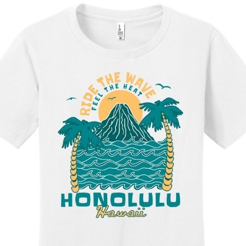 Ride the Wave Feel the Heat Honolulu Hawaii T-Shirt – Retro Island Vibes Fitted Tee Shirt