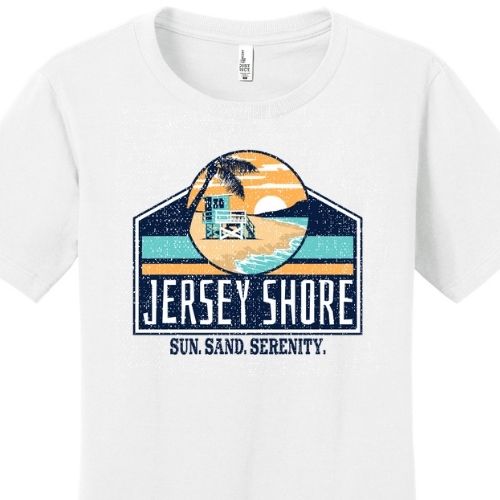 Jersey Shore Retro Beach T-Shirt – Sun, Sand, Serenity Vibes Fitted Tee Shirt