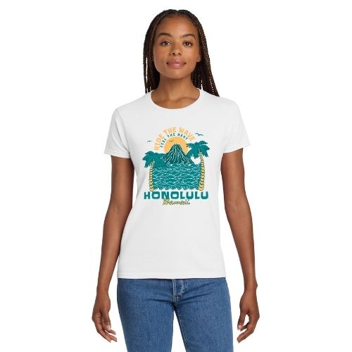 Ride the Wave Feel the Heat Honolulu Hawaii T-Shirt – Retro Island Vibes Fitted Tee Shirt