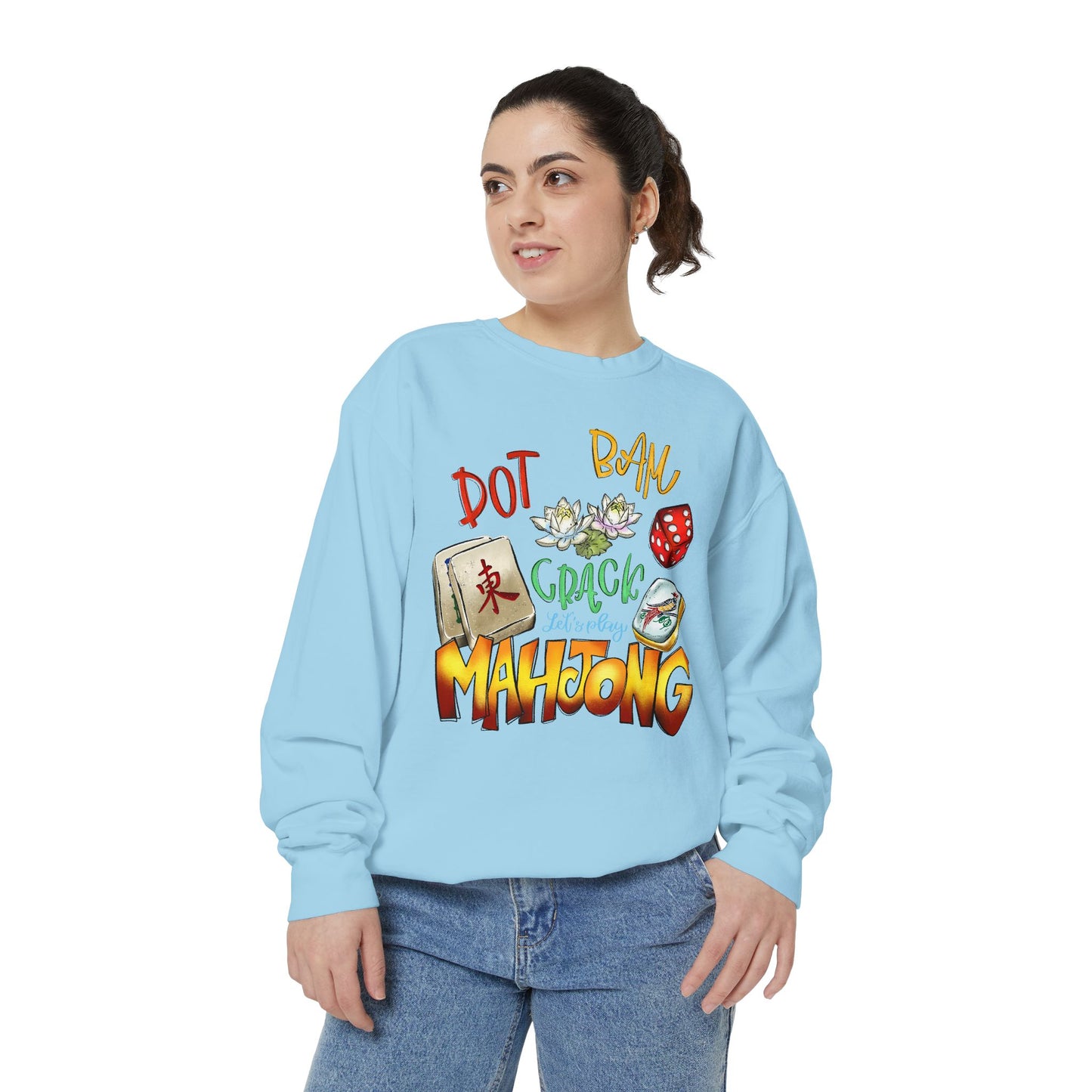 Mahjong Tiles Crewneck Sweatshirt — "Dot Bam Crack" Design with Tiles & Red Die