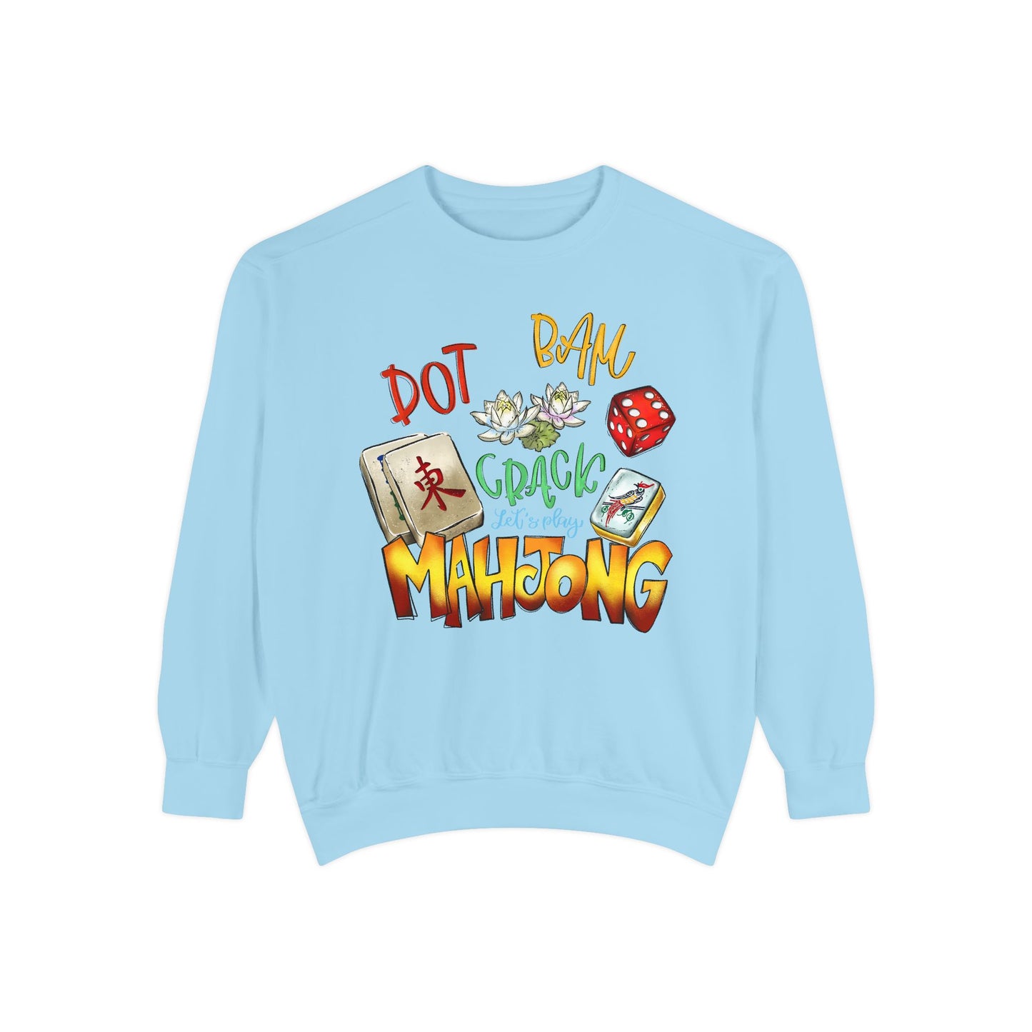 Mahjong Tiles Crewneck Sweatshirt — "Dot Bam Crack" Design with Tiles & Red Die