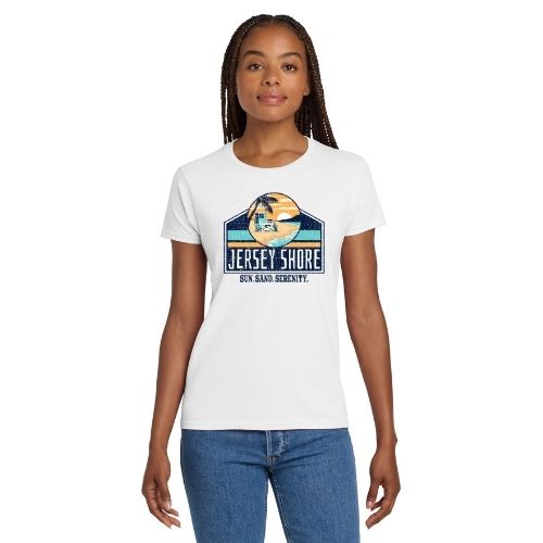 Jersey Shore Retro Beach T-Shirt – Sun, Sand, Serenity Vibes Fitted Tee Shirt