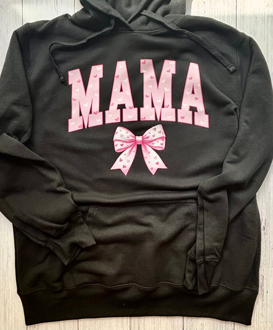 “Mama” Hoodie with Heart & Bow Design – Cozy 50/50 Cotton Poly Sweatshirt for Moms