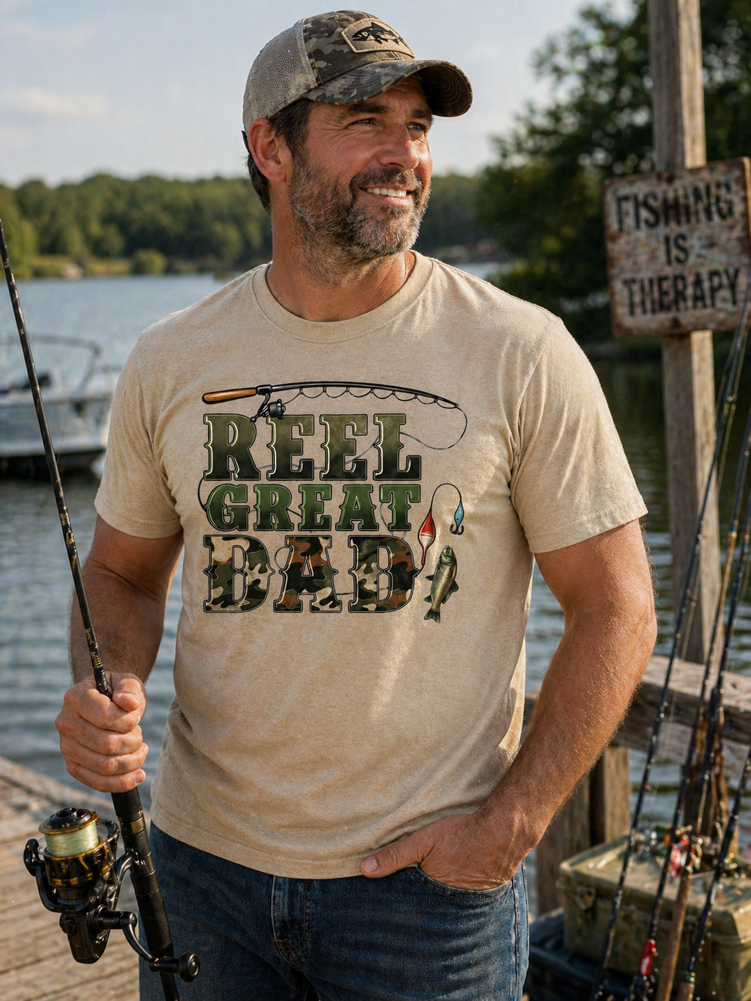 Reel Dad Fishing Shirt, Camo Graphic Tee, Fisherman Gift for Father's Day