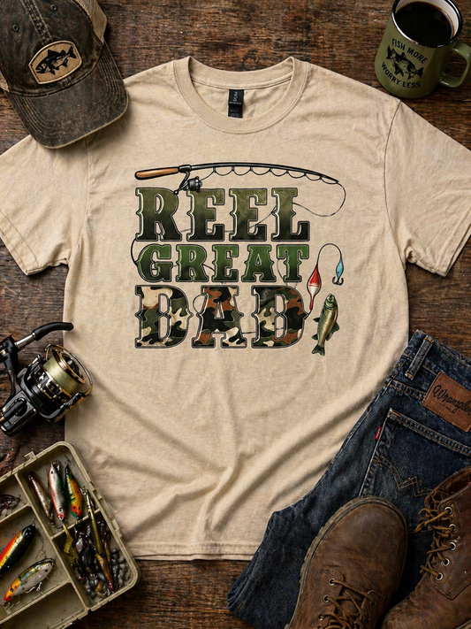 Reel Dad Fishing Shirt, Camo Graphic Tee, Fisherman Gift for Father's Day