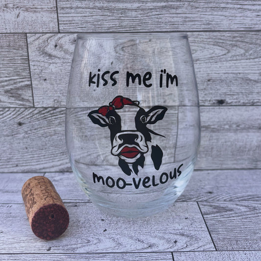 Kiss Me I'm Moo-velous Stemless Wine Glass | Pretty Cow with Red Bow & Lips | Fun Valentine’s Day Gift 15 oz