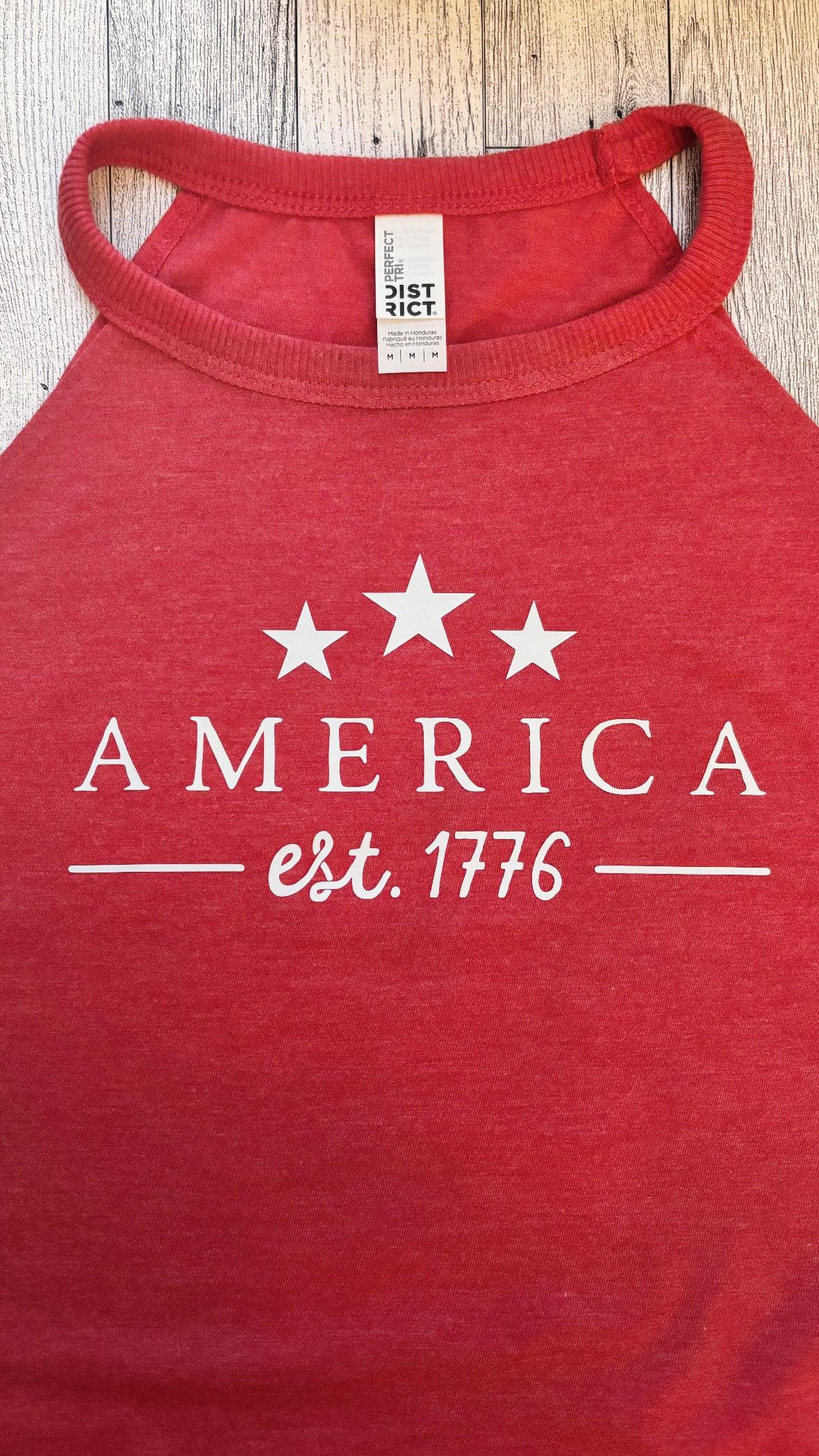 America est. 1776 Patriotic Tank Top – Red Halter Neck – Memorial Day, 4th of July Shirt, USA Graphic Rocker Style