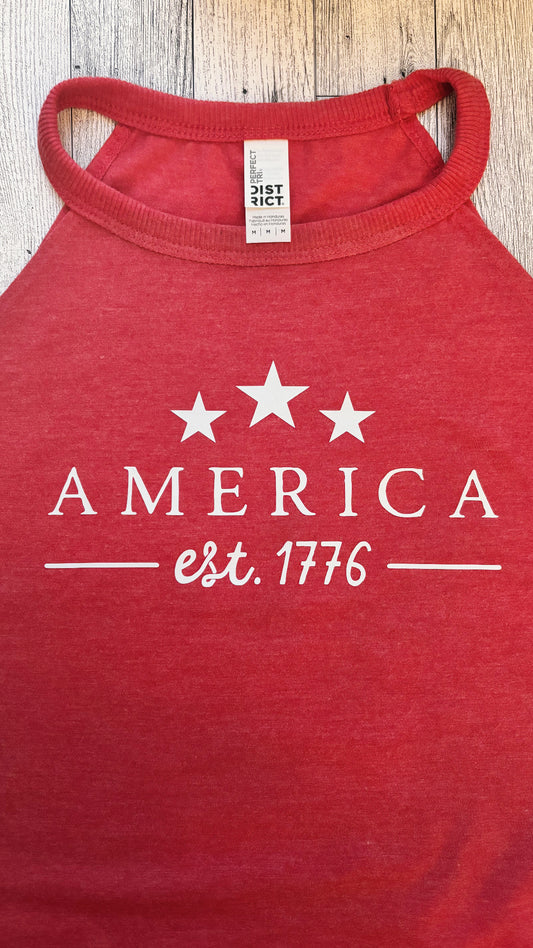 America est. 1776 Patriotic Tank Top – Red Halter Neck – Memorial Day, 4th of July Shirt, USA Graphic Rocker Style