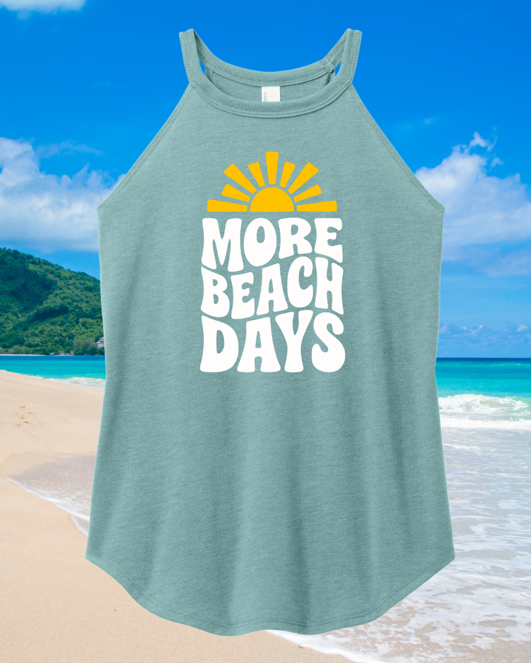 More Beach Days Women’s High-Neck Tank – Eucalyptus, Tan, or Heather Grey