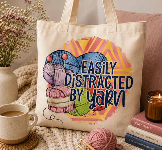 Easily Distracted by Yarn Tote Bag | Knitting, Crochet, Craft Project | Canvas Bag