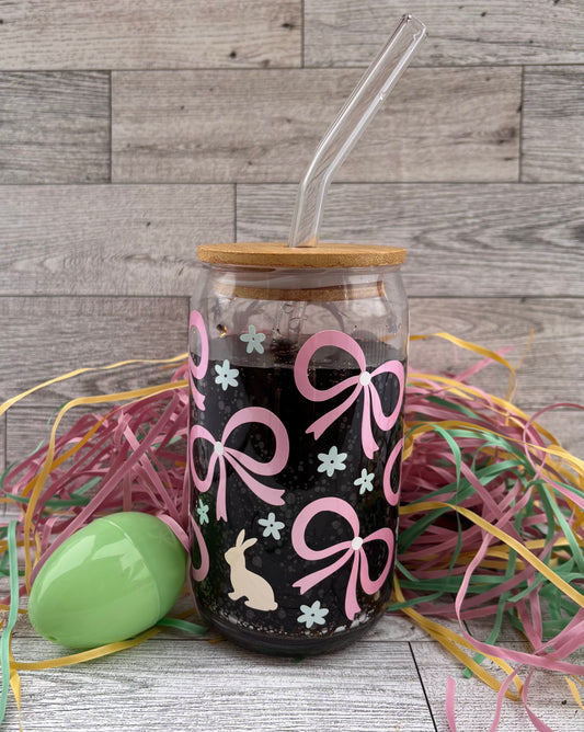 16 oz Clear Glass Can with Bows, Bunnies and Flowers Includes Glass Straw & Bamboo Lid  Great Easter Gift