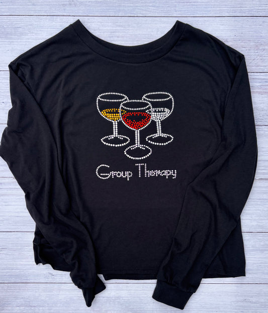 Group Therapy Rhinestone Long Sleeve Tee – Sparkly Wine Lover Shirt