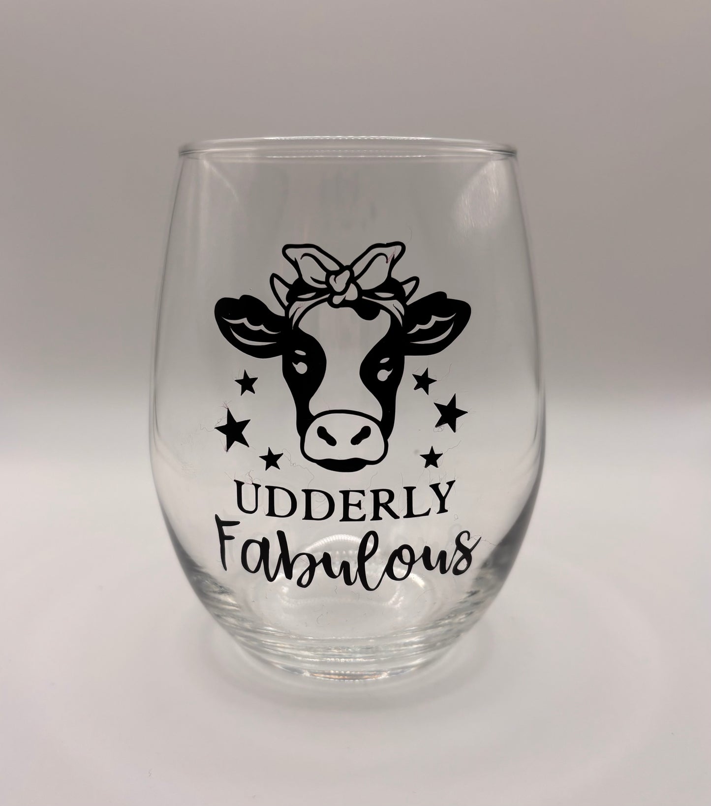 Udderly Fabulous Stemless Wine Glass | Pretty Cow with Bow | 15 oz