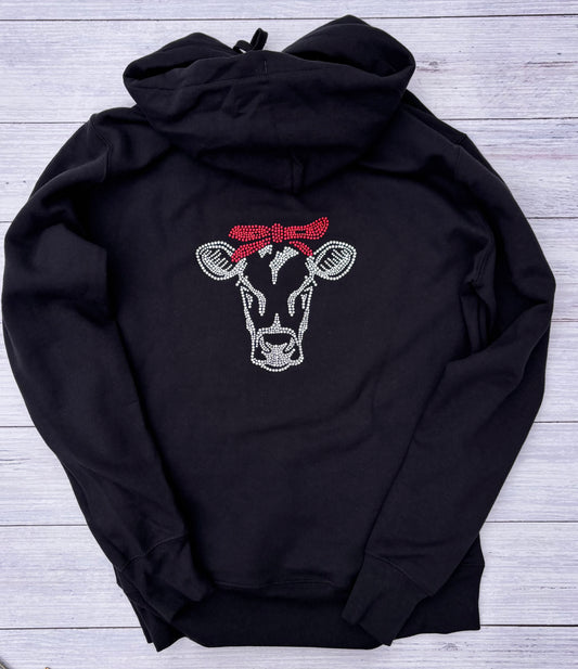 Black Rhinestone Cow Hoodie – Sparkly Farmhouse Chic