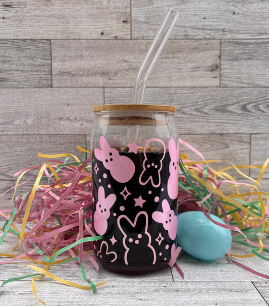16 oz Clear Glass Can with Pink Bunny Design – Cute & Stylish Drinkware - Great Easter Gift for Iced Coffe Water and All Cold Drinks