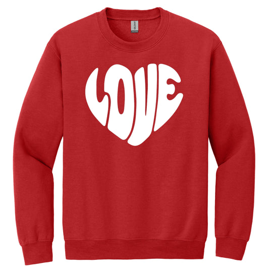 Red Crewneck Valentines Sweatshirt with White Love Graphic