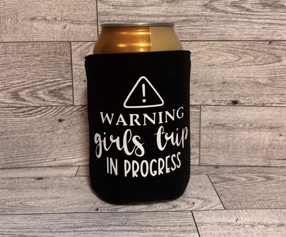 Black Koozi - "Warning: Girls Trip in Progress" - Fun Gift for Bachelorette Parties