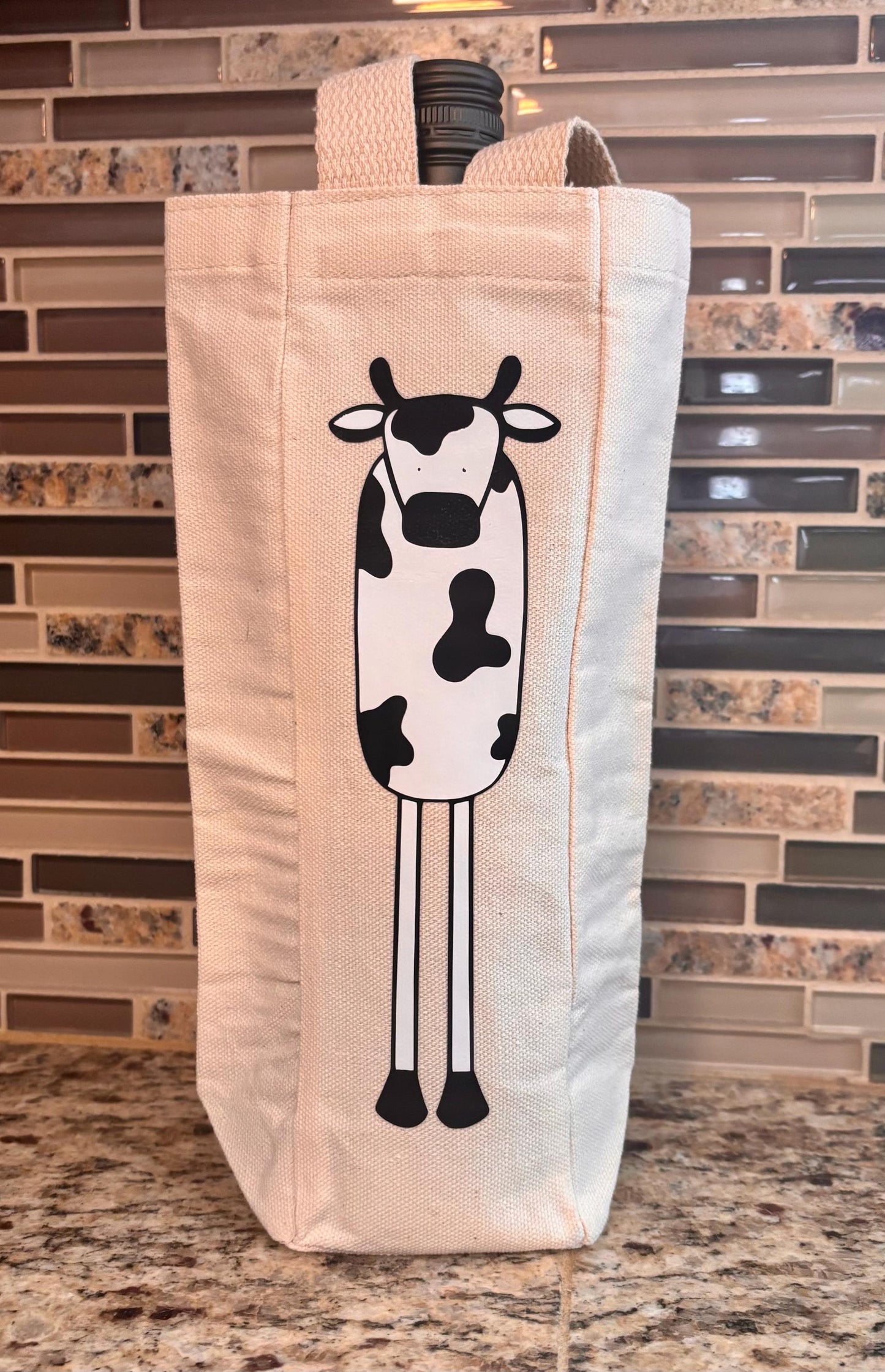 Canvas Wine Tote Bag with Adorable Cow Design – Perfect for Gifts & Wine Lovers