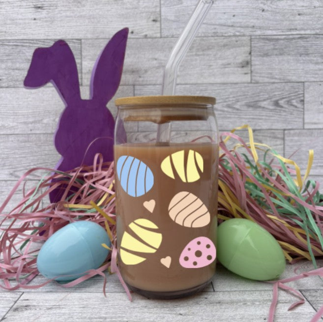 Custom Easter Glass Cup – Choose Your Design with Eggs, Hearts, and Pastel Colors