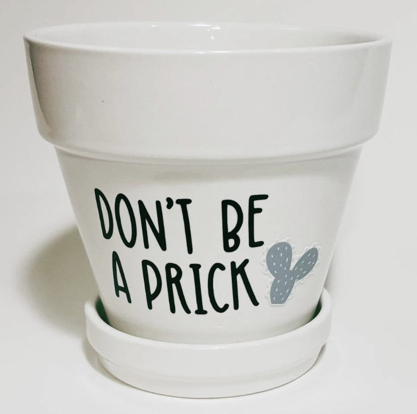 White Ceramic Succulent Pot with Tray | Don't Be A Prick | Aloe Cactus Planter | Plant Lover