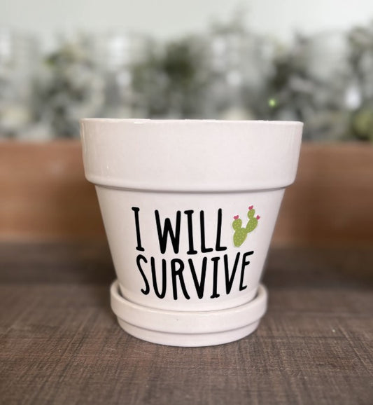 White Ceramic Succulent Pot with Tray | I Will Survive | Aloe Cactus Planter | Plant Lover