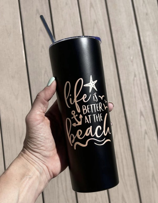 Life Is Better At the Beach 16 oz Skinny Tumbler Set - Beach Themed Water Bottle