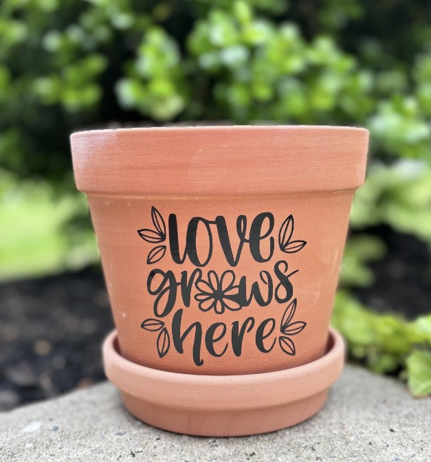 Terracotta Flower Pot with Tray | Love Grows Here | Planter | Plant Lover