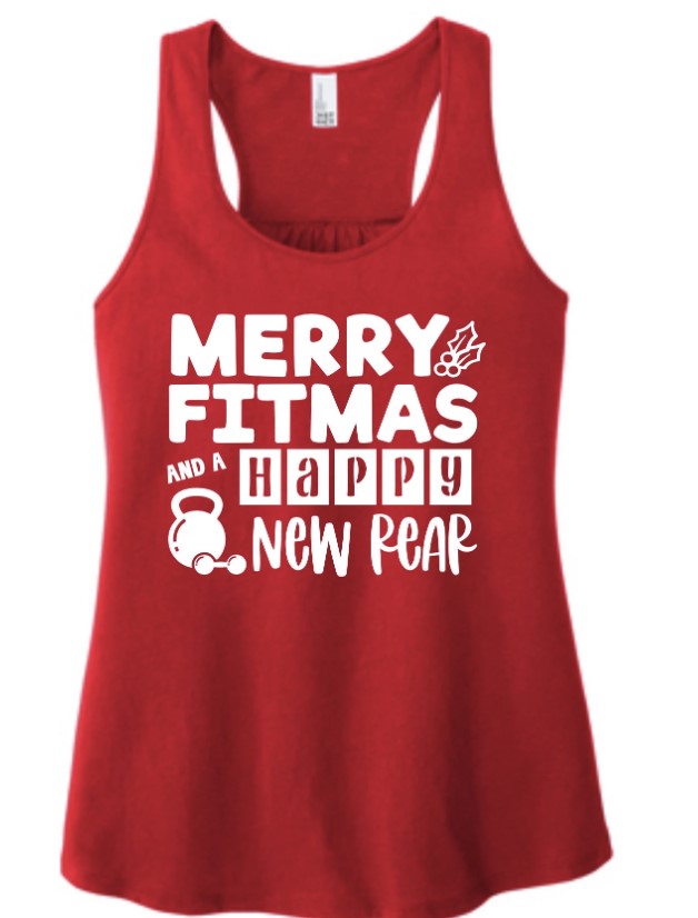 Merry Fitmas and Happy New Rear Racerback Red Workout Tank